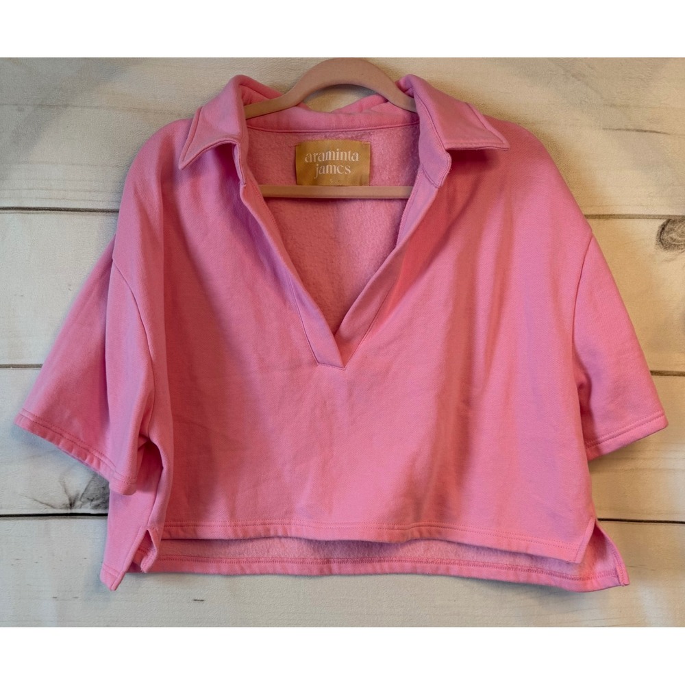 Araminta James Pink Cropped Polo Sweatshirt Short Sleeve V-Neck Cotton S